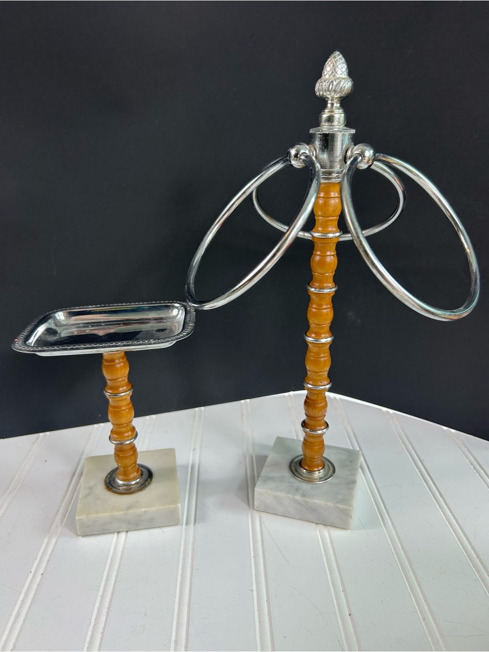 Vintage Towel Soap Holder Stand Wood Silver Marble Made in Italy Lot of Two